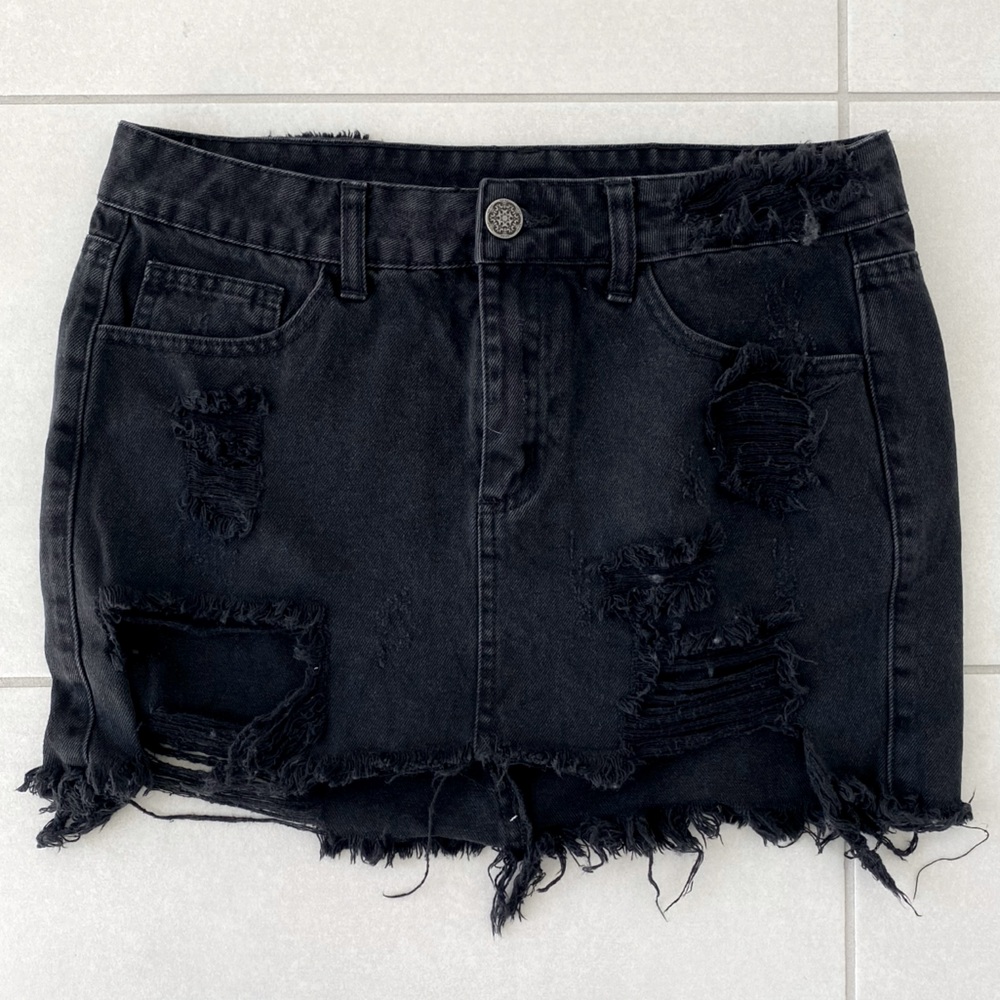 Litz Black Distressed Denim Mini Skirt – High‑Rise Stretch | Approx Size M